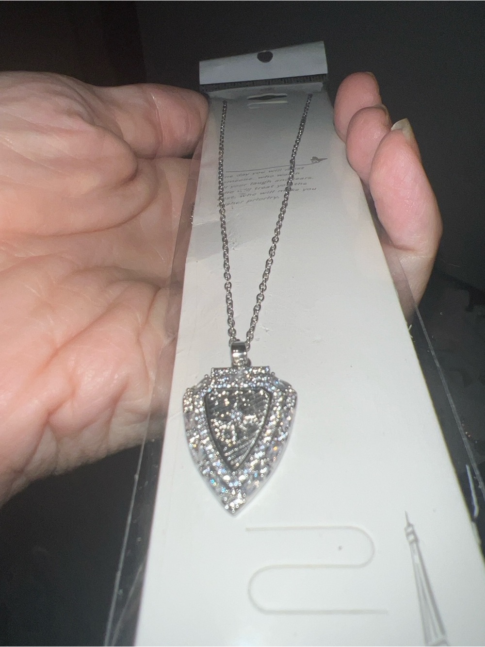 Stainless Steel Crystal Rhinestone Shield Pendant Necklace Silver Tone